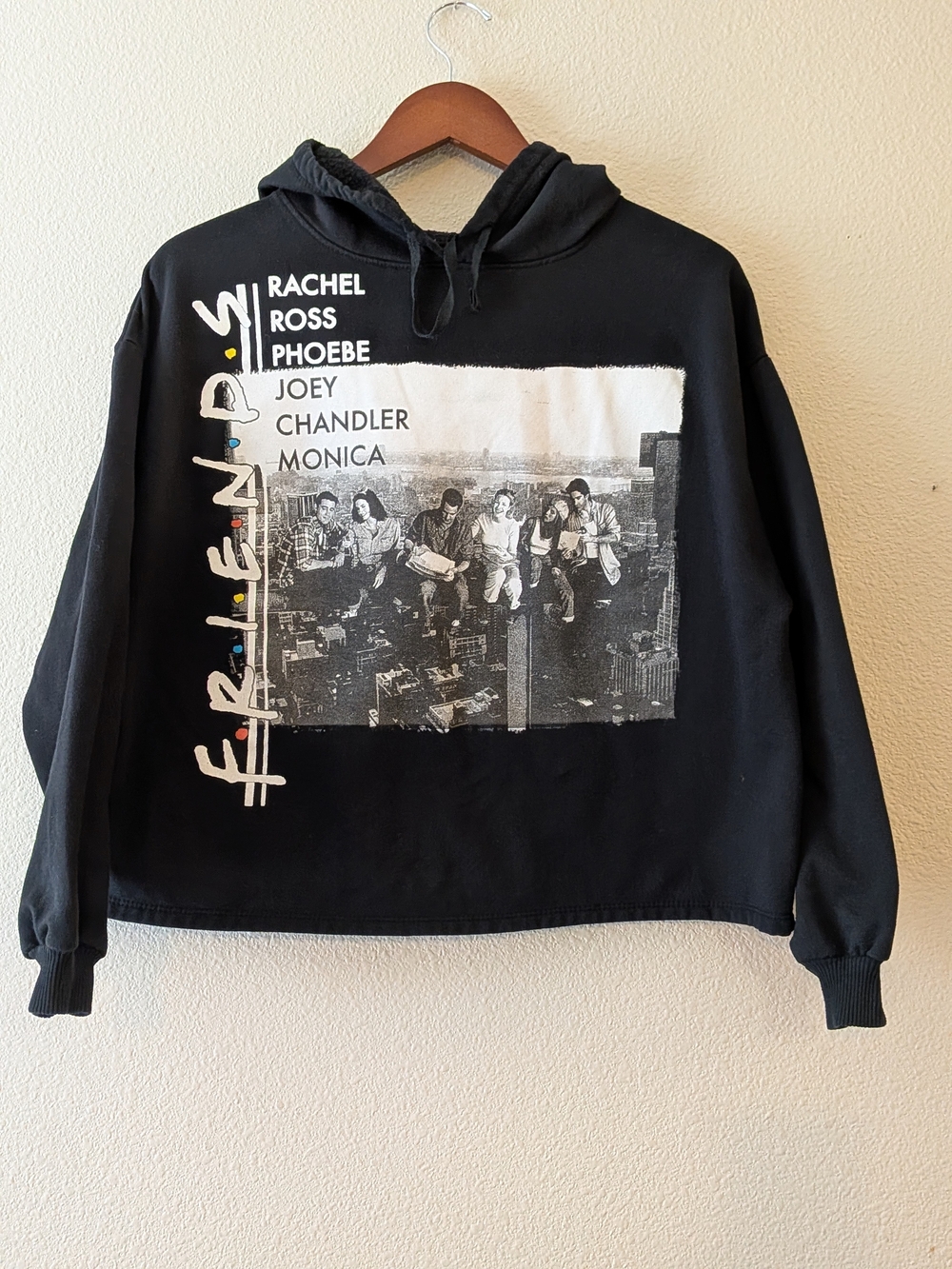 FRIENDS Black Hoodie with Monochrome Cast Photo and Vertical Logo